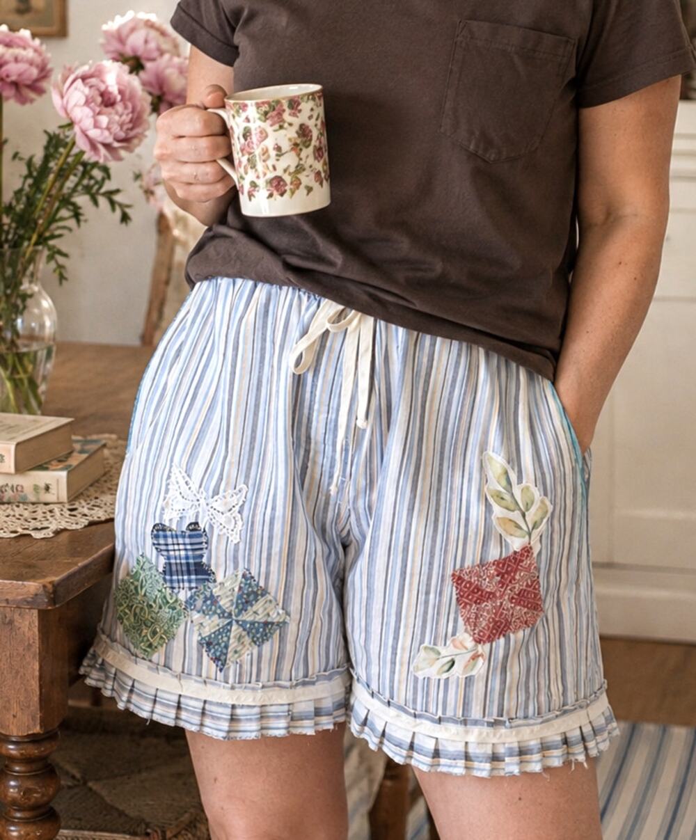 OOAK Handmade Upcycled Patchwork Shorts L Boho Cottagecore Raw Edge Artsy